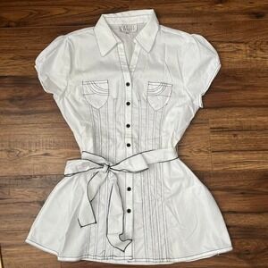 Vintage Y2K White Short Sleeve Blouse Contrast Stitch Waist Tie Button Front L